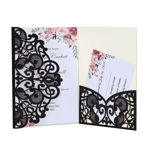 Glitter black laser cut wedding invitation with floral insert and RSVP card set