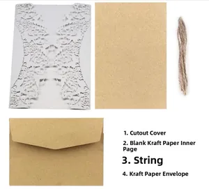Flat lay of laser-cut floral invitation set with kraft paper inserts and hemp rope detail