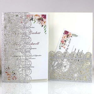 Silver glitter laser cut wedding invitation set with floral inner card and insert card