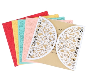 Detailed laser-cut butterfly wedding invitation cards in five colors with craft envelopes