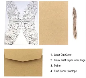 Laser cut invitation set with white hollow sleeve, kraft paper insert, and hemp rope