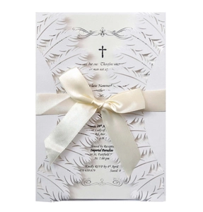 Elegant European Laser Cut Feather Wedding Invitation Cards Pearlescent Paper Greeting Card With Ribbon Bow Hollow Invitation