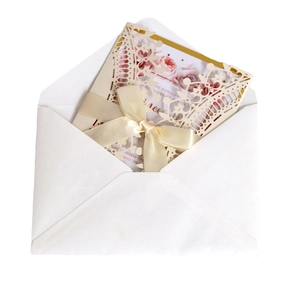 Laser cut invitation card with champagne ribbon bow and floral inner page set