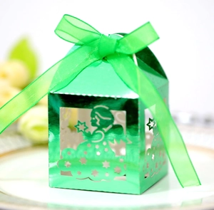 Elegant green metallic angel hollow candy box with translucent organza ribbon bow