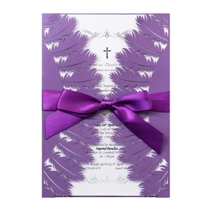 Elegant laser-cut purple feather wedding invitation with white insert and satin ribbon