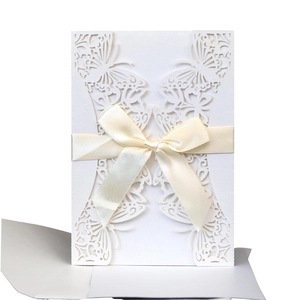 Laser Cut Butterfly Wedding Invitations White Pearlescent Paper Invitation Cards With Satin Ribbon Bow For Party Engagement