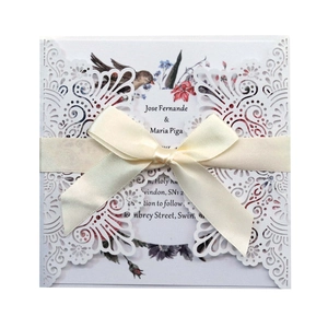 Elegant Laser Cut Wedding Invitation Cards With Satin Ribbon Bow Artificial Pearl Paper Floral Bird Inner Sheet Party Greeting Cards