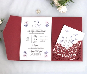 Elegant burgundy laser cut wedding invitation set with floral card and white rose