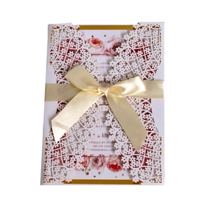 European Elegant Laser Cut Wedding Invitation Card Pearlescent Paper Hollow Floral Design With Ribbon Bow For Anniversary Party Celebration