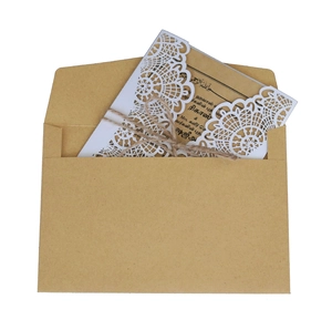 European laser cut lace wedding invitation set with kraft envelope and jute twine