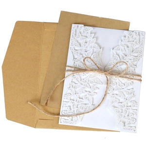 Laser cut white butterfly invitation card with kraft envelope and hemp rope bow