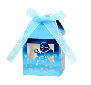 Blue hollow angel gift box with light blue ribbon for baby shower or wedding favors
