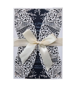 Élégante Invitation de Mariage Découpe Laser Papier Perlé Design Floral Ajouré Noeud de Ruban Style Européen Fête Fiançailles