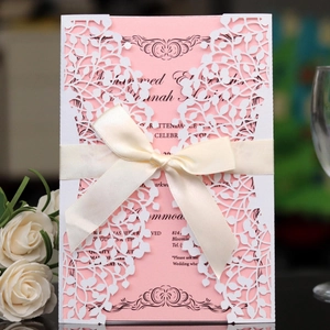 European Laser Cut Wedding Invitation Cards With Satin Ribbon Bow Artificial Pearl Paper Hollow Flower Foliage Greeting Cards