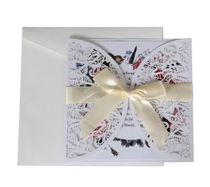 Elegant laser cut butterfly wedding invitation set with envelope and satin ribbon