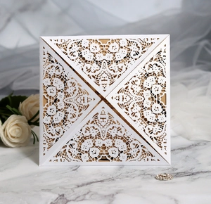 Detailed laser cut lace design on white square wedding invitation cover with floral pattern