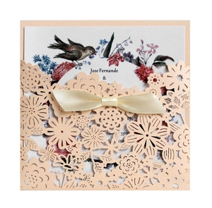 Laser Cut Invitation Cards Pink Hollow Floral Design With Ribbon Bow Pearlescent Paper For Wedding Birthday Party Banquet Elegant Greeting Cards Invitation Cover With Inner Sheet Envelope
