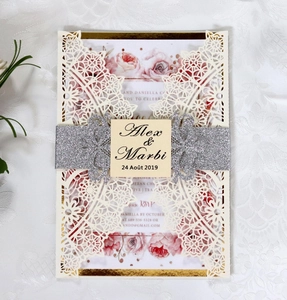 Elegant laser cut wedding invitation with silver glitter belt and rose floral insert cards