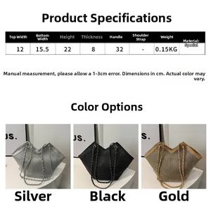 Tableau des tailles pour grands sacs cabas à strass en or, argent et noir avec dimensions