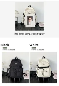 Detail view showing black and white cargo backpacks with multi-pockets and tactical buckles