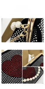Macro shot of glittering rhinestones forming a heart pattern on the black evening clutch bag