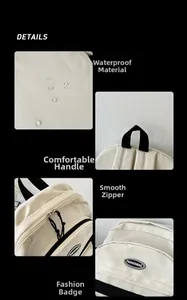 Detail view of water-resistant material, smooth dual zippers, and fashion badge on backpack