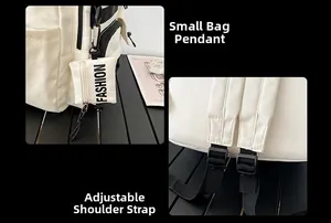 Detail of adjustable straps and detachable fashion pouch on cream white backpack