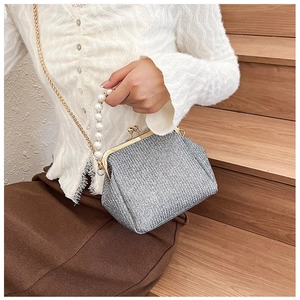 Macro shot of silver glitter handbag featuring large pearl handle and gold metal clasp