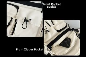 Close-up of front buckle pockets and zipper compartment on white utility backpack