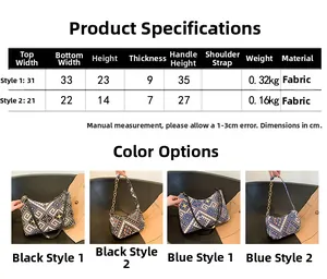 Tableau des tailles détaillé pour sacs à main tissés de style ethnique noir et bleu