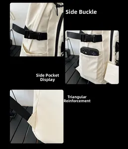 Detail view of reinforced triangular stitching and side buckle on the beige backpack