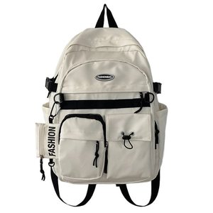 Minimalist beige high-capacity student backpack with black contrast zippers and side coin pouch