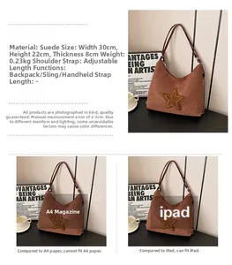 Detailed size chart of vintage brown suede tote bag with star patch showing dimensions