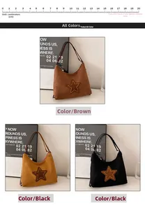 Three colors of retro suede tote bags with star patch detail and size scale visualization