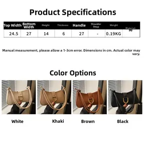 Size chart showing handbag dimensions and PU material specs in four different colors