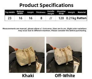 Detailed size chart for straw drawstring bucket bag with chain strap measurements