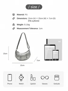 Size chart and capacity detail of the silver crescent shoulder bag made of PU leather