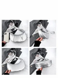 Four views of a silver crescent shoulder bag with metallic texture and zip closure