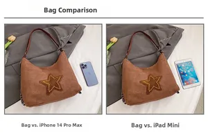 Size comparison of brown tote bag with star detail against tablet and smartphone
