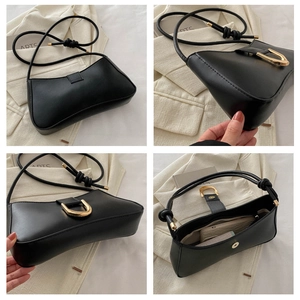 Detail views of black hobo bag showing gold D-ring buckle, interior and knotted strap