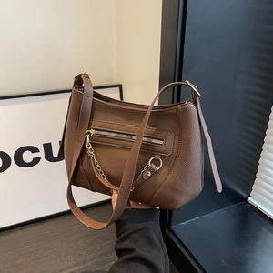 Brown lychee grain large tote bag with gold chain detail and adjustable shoulder strap