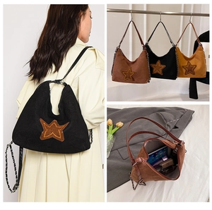 Spacious frosted hobo bag with star patch and chain strap in three vintage colors