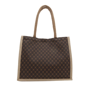 Borsa tote a scacchi retrò di grande capacità con finiture in tela beige e manici spalla