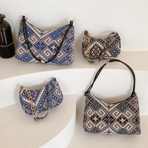Sac à Épaule Sous l'Aisselle Tissé Brodé Ethnique Bohème pour Femmes Motif Géométrique Rétro Bandoulière en Cuir PU Chaîne Sac à Main Voyage Quotidien
