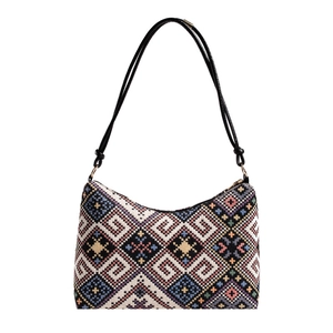 Borsa a spalla ricamata etnica con motivi geometrici colorati e spalline nere