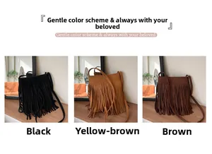 Vue détaillée des sacs bandoulière à franges bohèmes en noir, jaune-brun et marron en daim