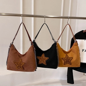 Vintage Suede Star Patch Tote Bag Large Capacity Retro Shoulder Bag With Chain Strap Fashion Women's Hobo Handbag Bag