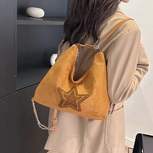 Vintage mustard suede tote bag with star design and chain strap for women