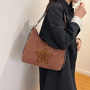Vintage brown suede tote bag with large star embroidery and silver chain strap
