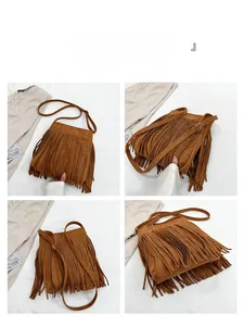 Vues détaillées d'un sac bandoulière en daim marron avec de longues franges et sangle